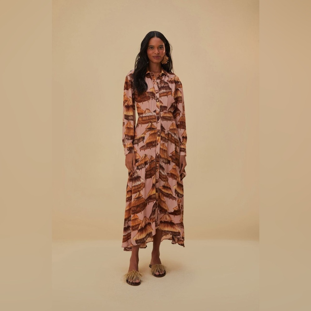 Farm Rio NWT Malocas Beige Long Sleeve Maxi Dress